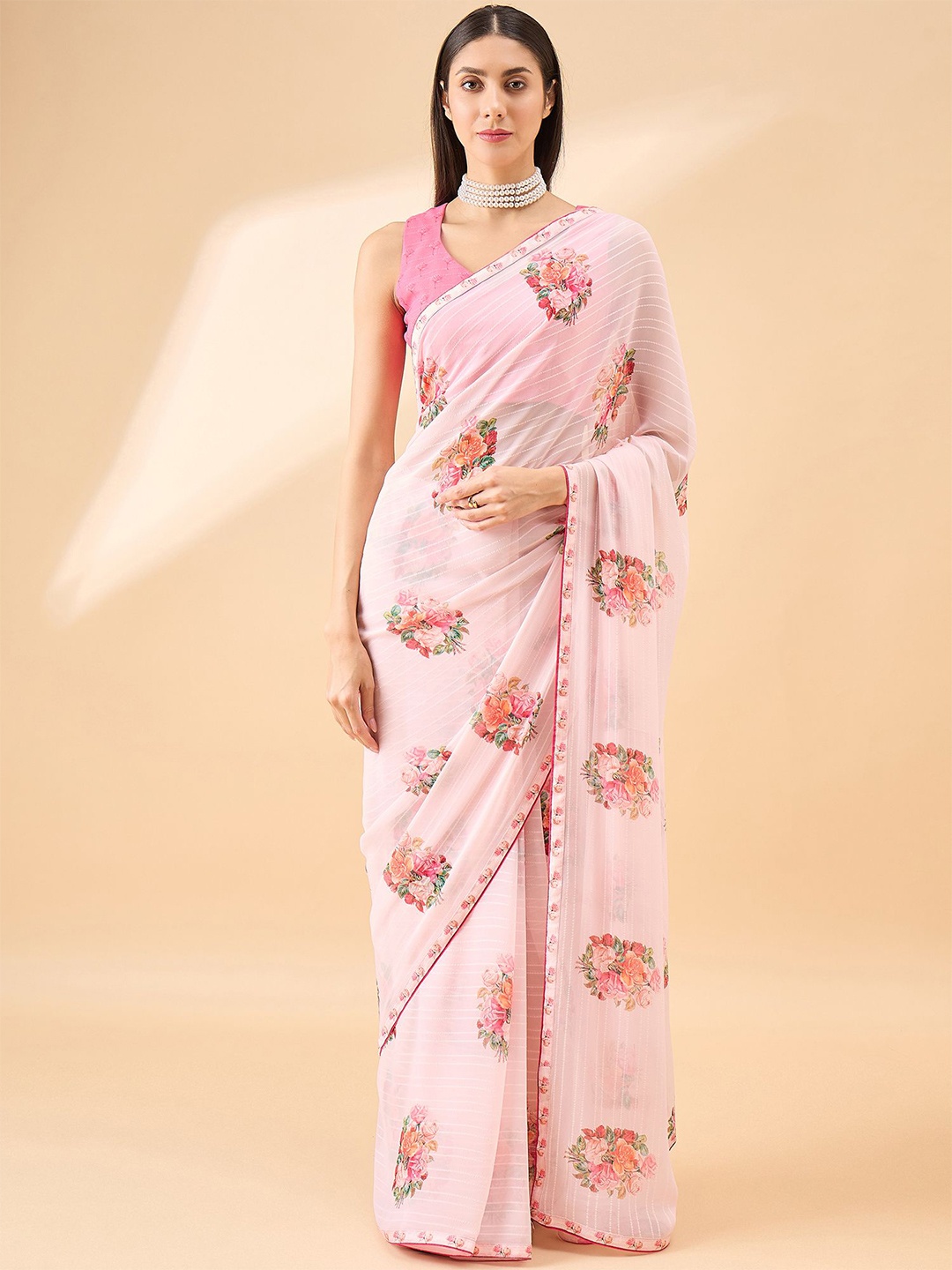 

all about you Floral Pure Georgette Saree With Blouse Piece, Pink