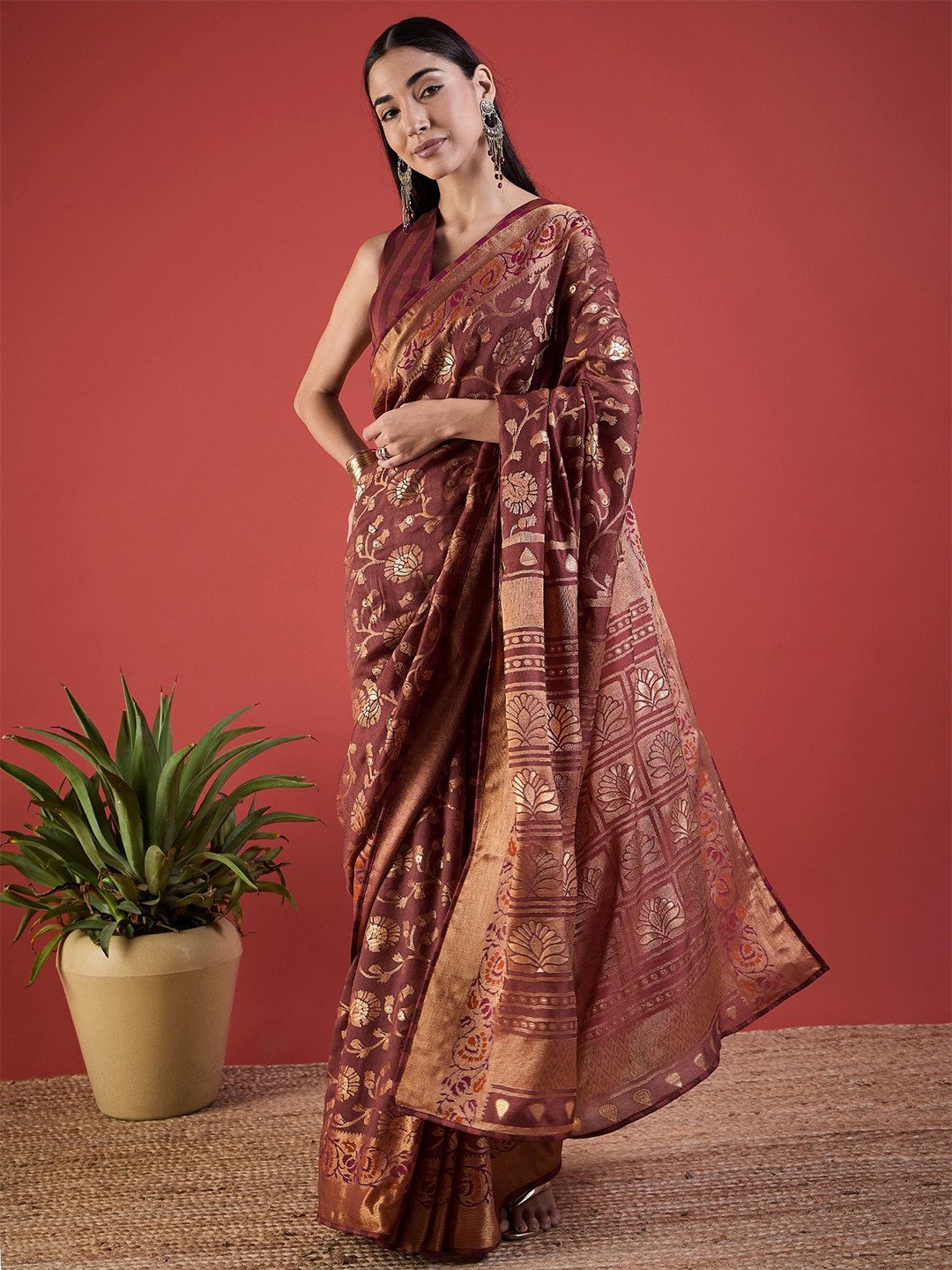 

all about you Floral Brasso Saree, Rust