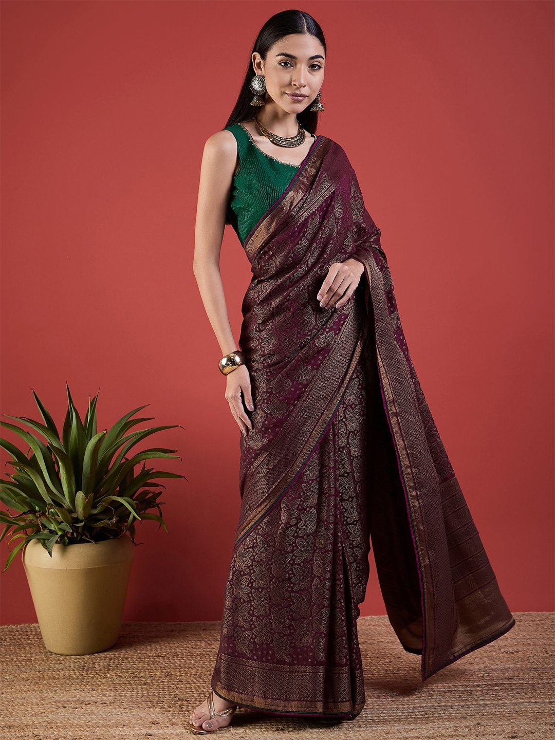 

all about you Ethnic Motif Zari Woven Brasso Saree, Purple