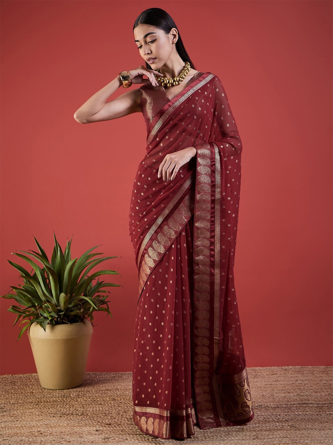 

all about you Floral Zari Pure Chiffon Saree, Maroon