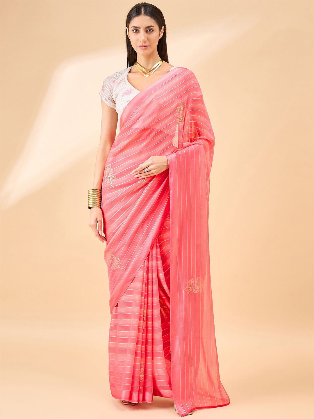 

all about you Floral Pure Chiffon Saree, Pink