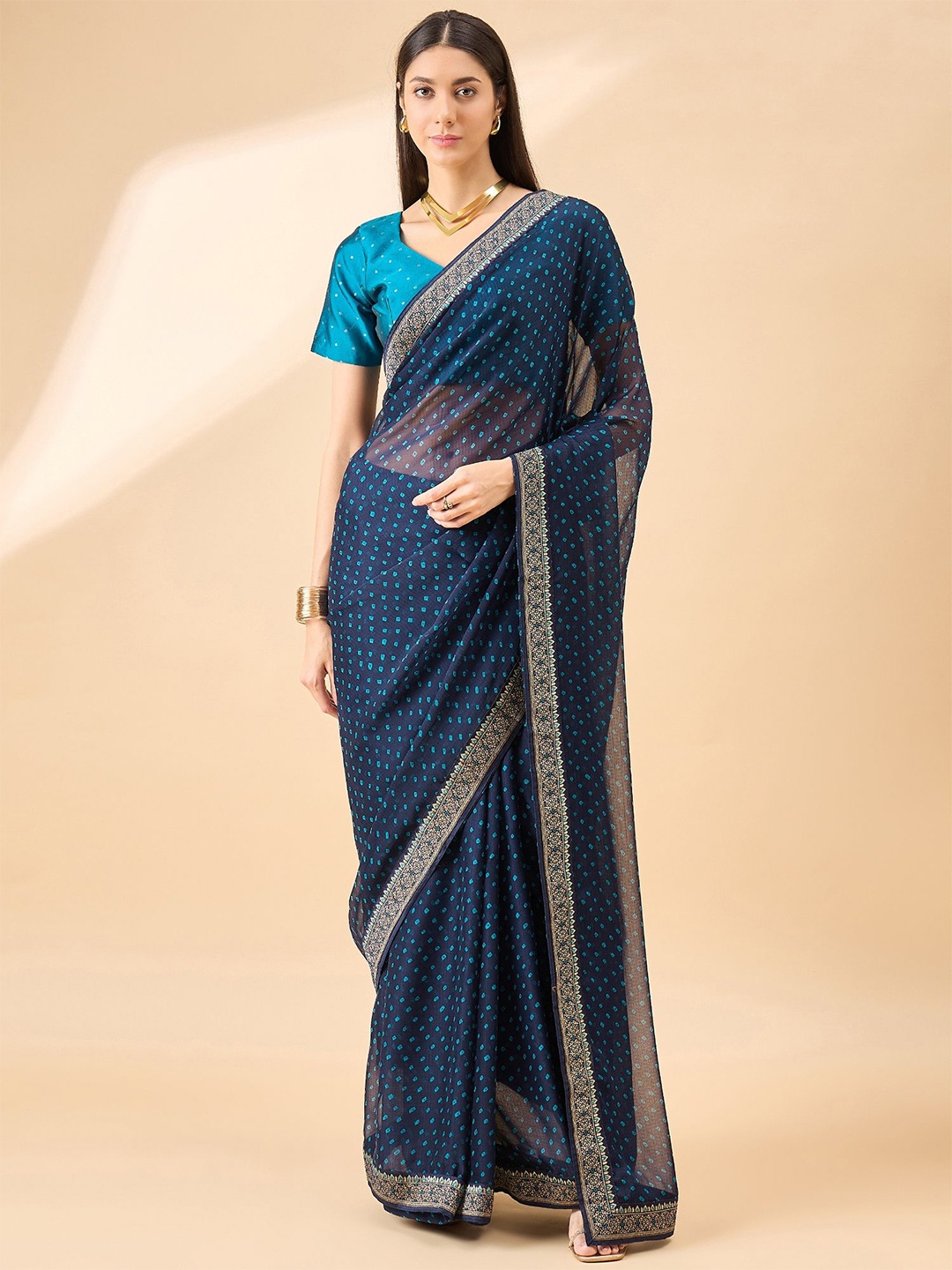 

all about you Zari Pure Chiffon Bandhani Saree, Blue