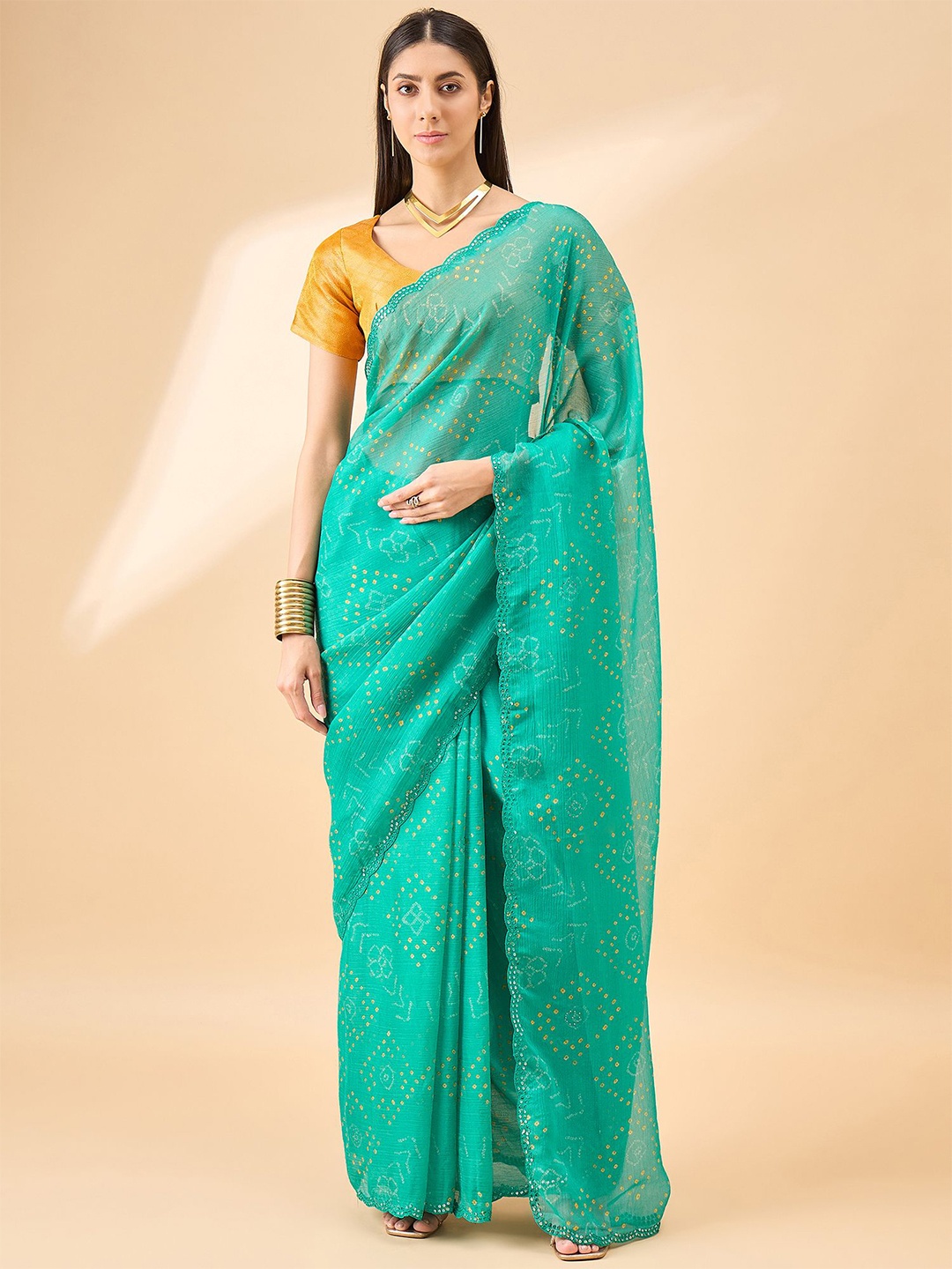 

all about you Bandhani Pure Chiffon Saree, Green