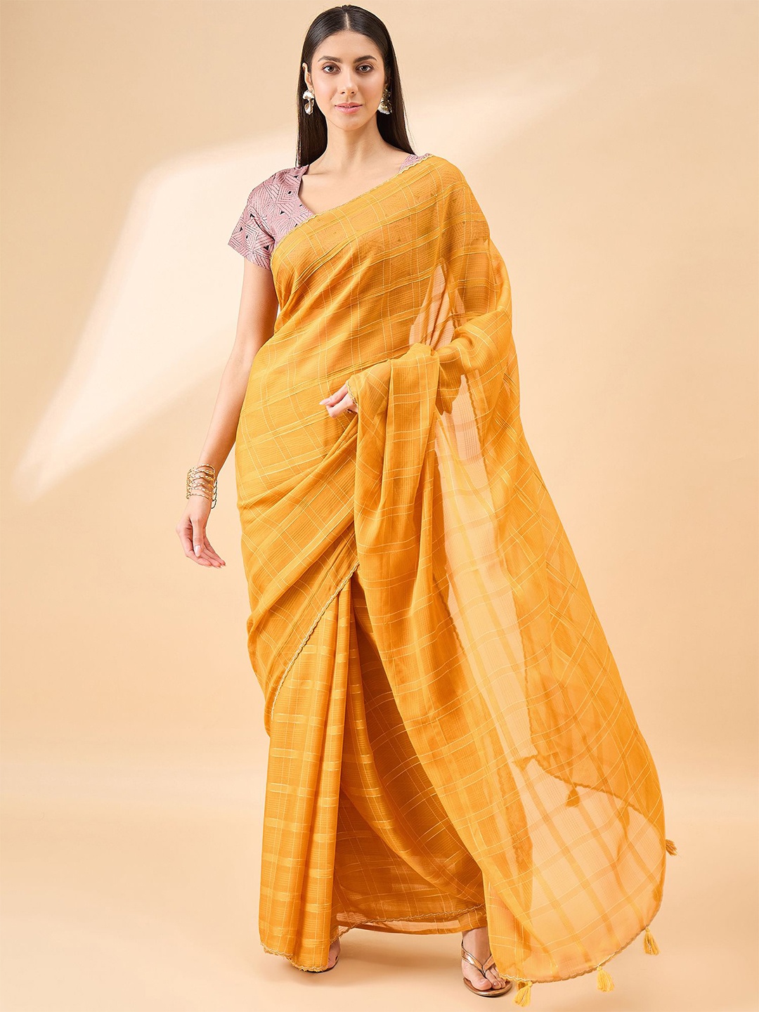 

all about you Checked Pure Chiffon Saree, Yellow