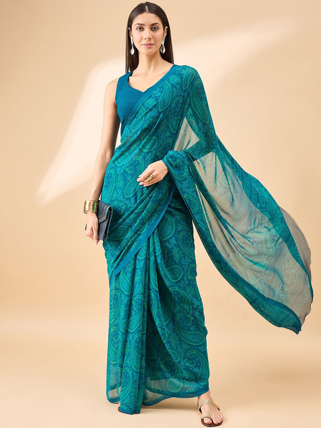 

all about you Paisley Motif Pure Georgette Saree, Turquoise blue
