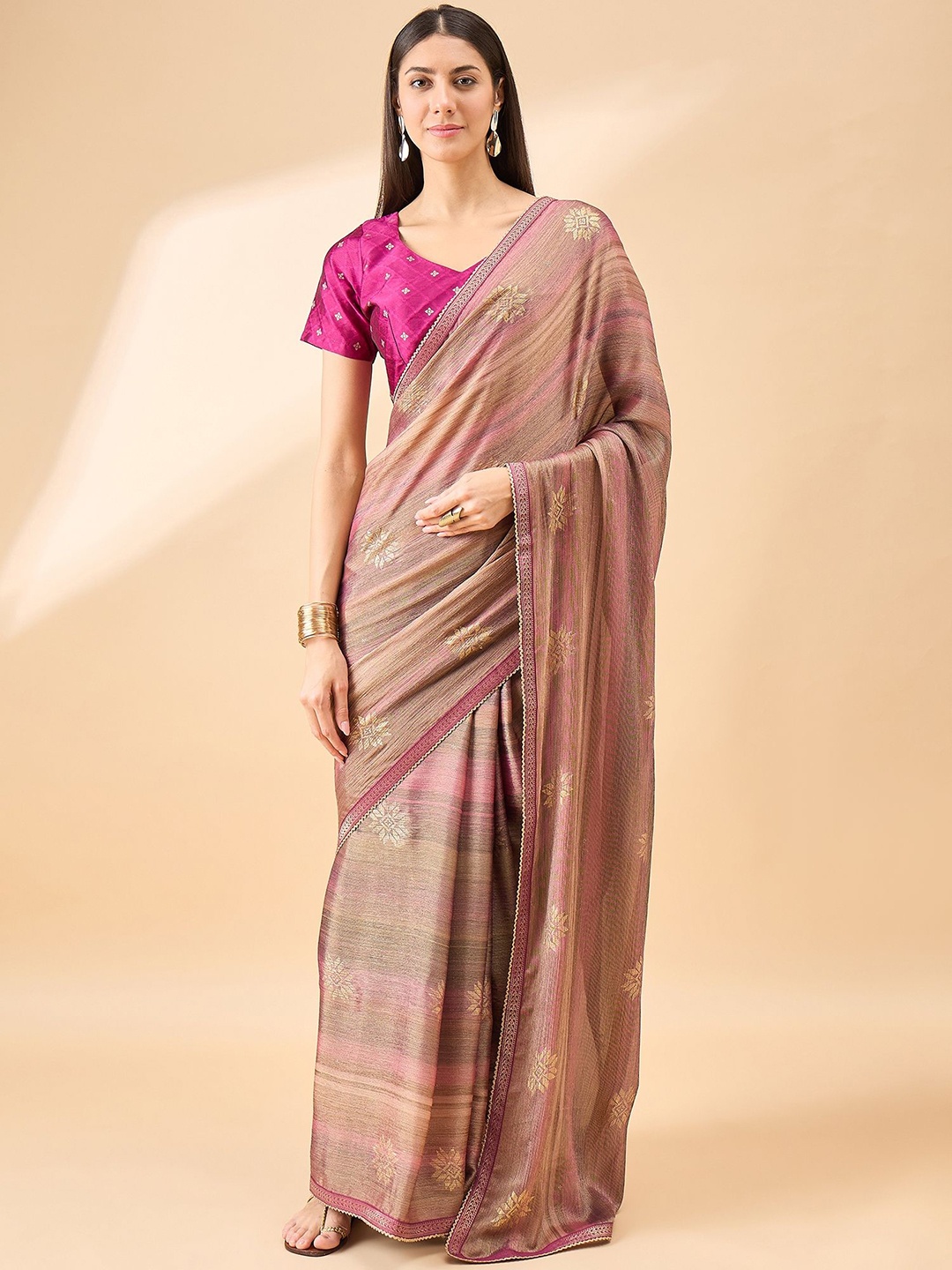 

all about you Ethnic Motif Striped Embroidered Brasso Saree, Brown