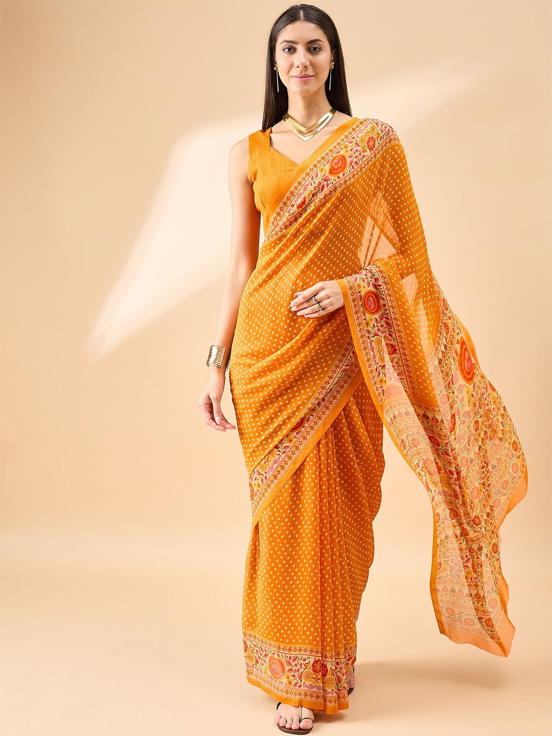 

all about you Bandhani Printed Pure Georgette Saree, Yellow