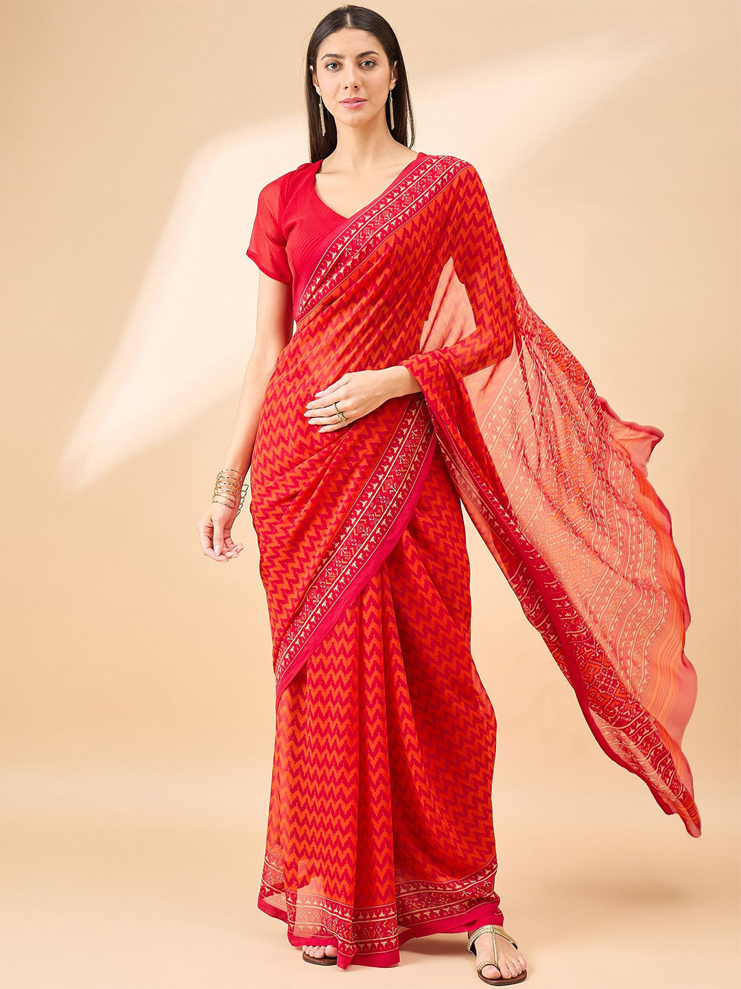

all about you Pure Georgette Geometric Saree, Red