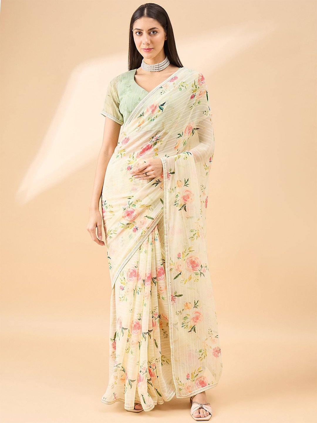 

all about you Floral Pure Georgette Saree, Yellow