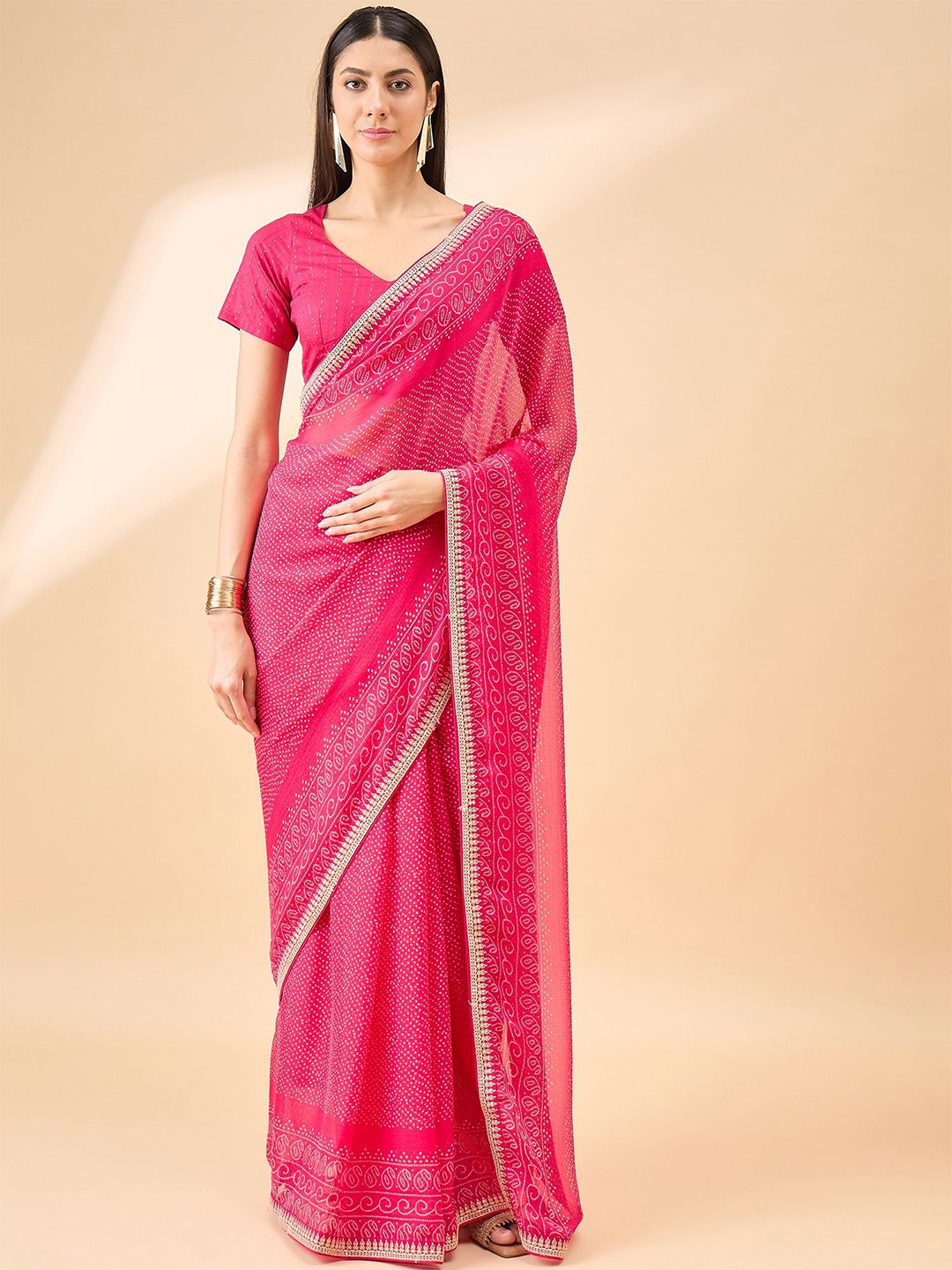 

all about you Sequinned Embroidered Pure Chiffon Bandhani Saree, Pink