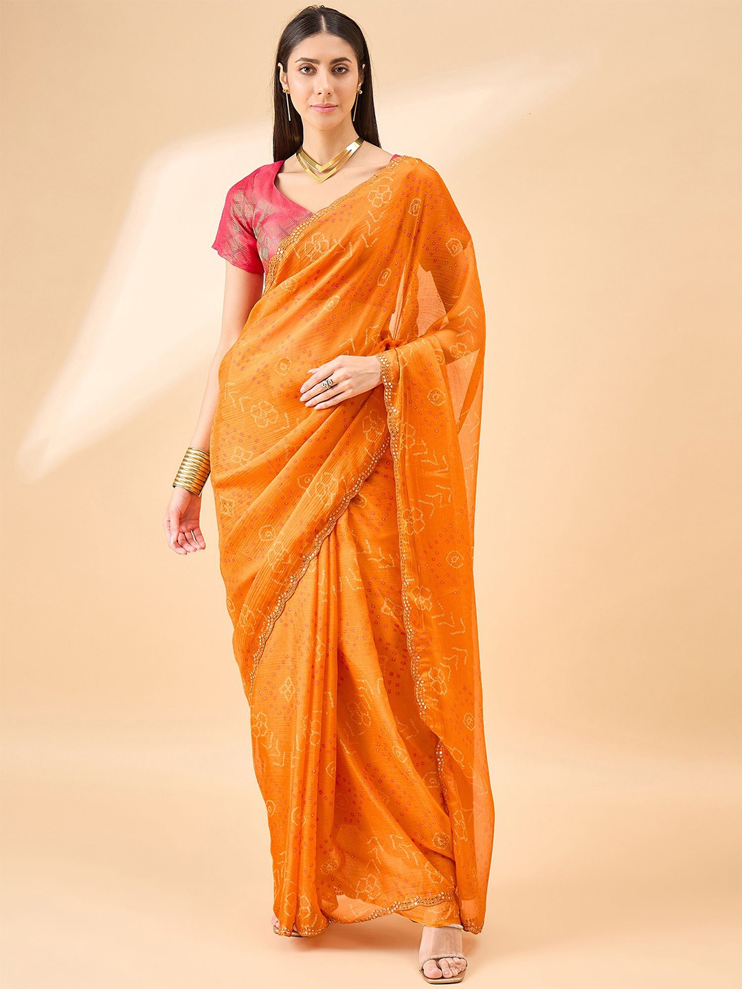 

all about you Bandhani Sequinned Pure Chiffon Saree, Orange