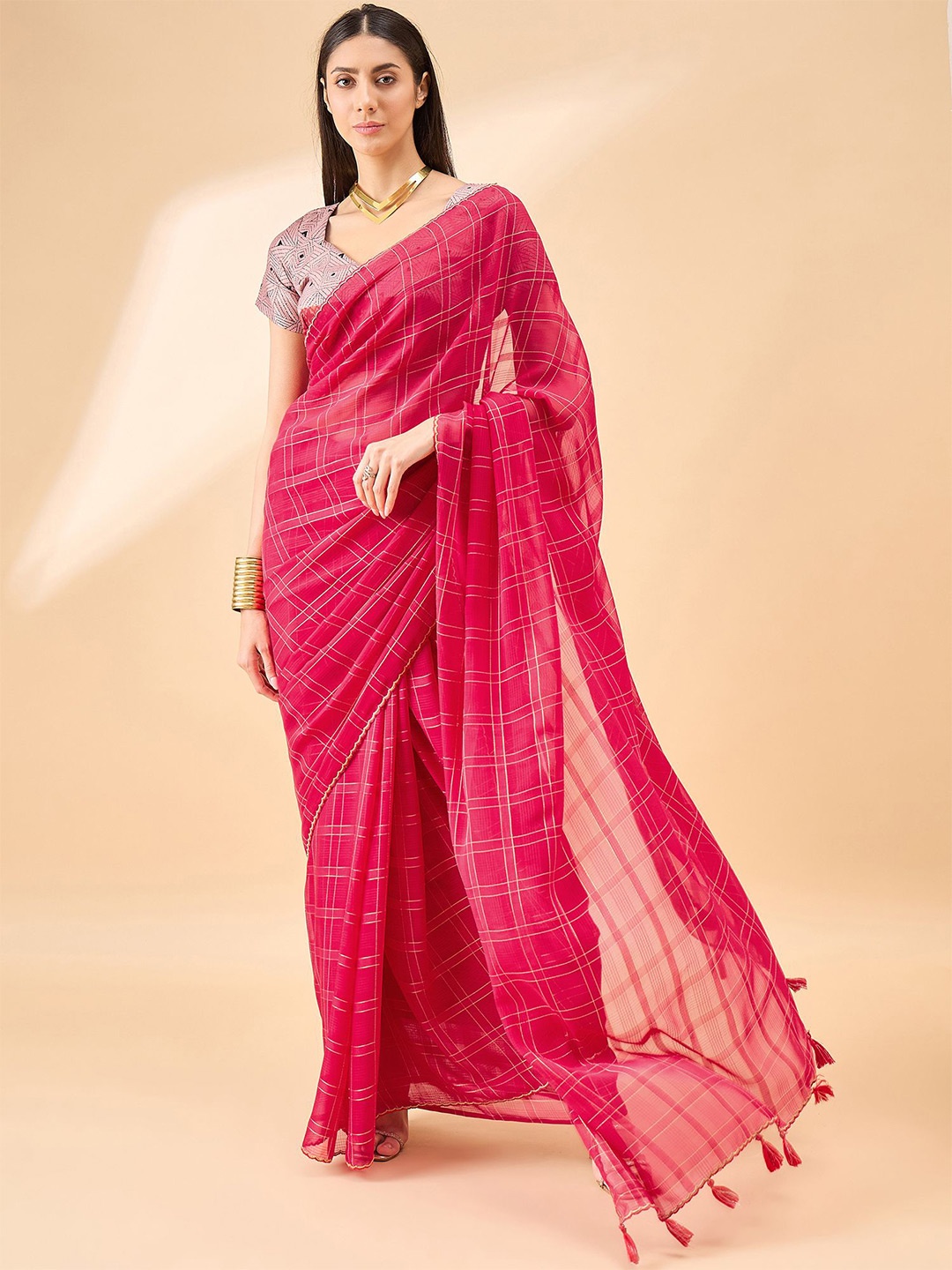 

all about you Checked Pure Chiffon Saree With Embellished Border, Pink