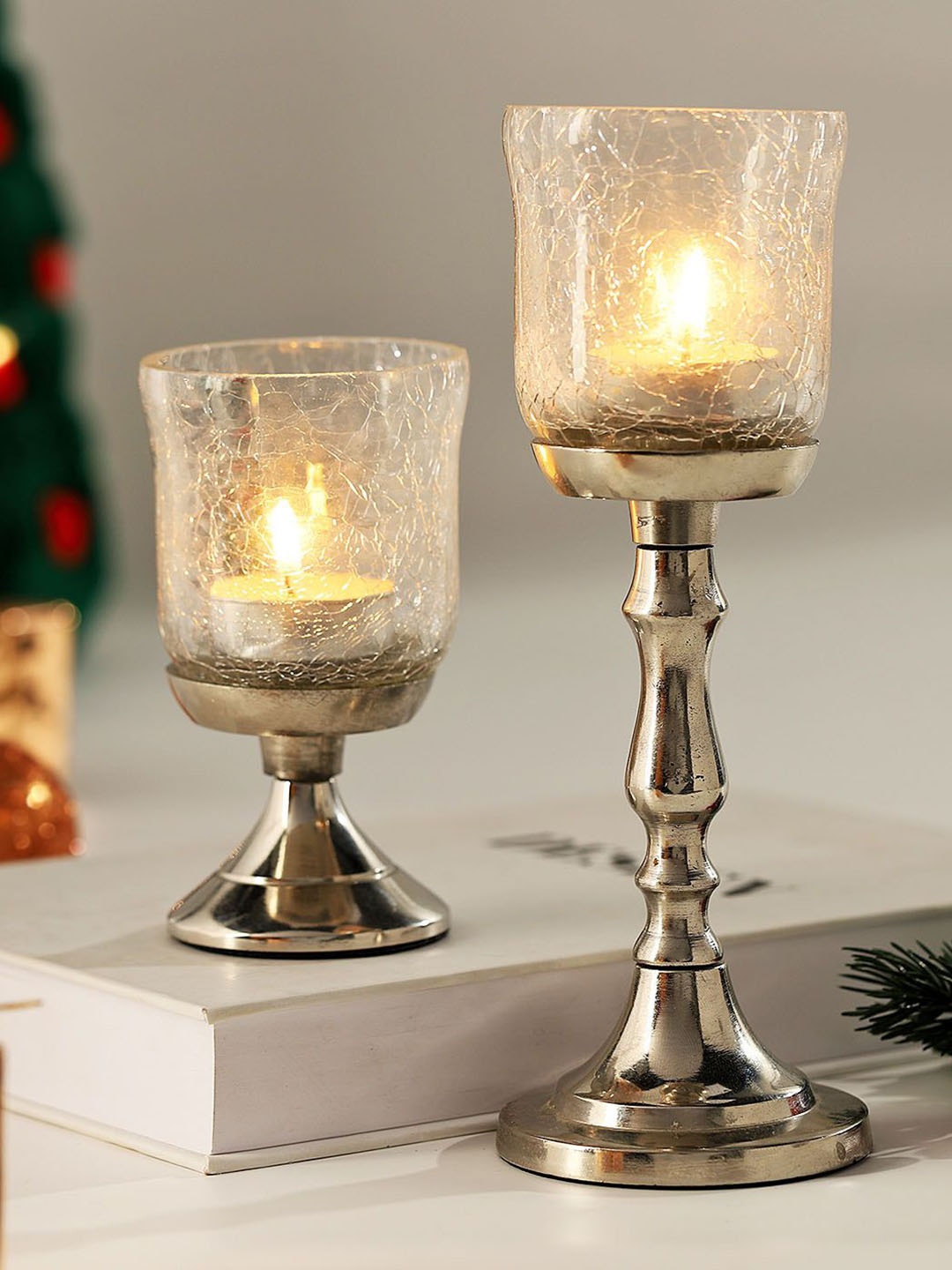 IGP 2 Pcs Festive Glass T-Light Candle Stand, Gold