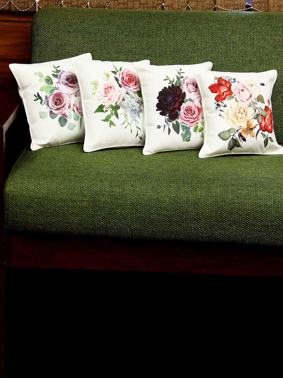 

IGP Unisex 4 Pcs White Floral Printed Cotton Cushions