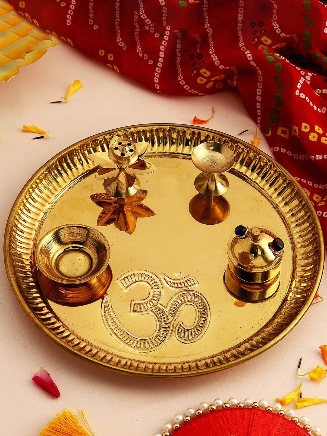 

IGP Karwa Chauth Golden Om Pooja Thali Set, Gold