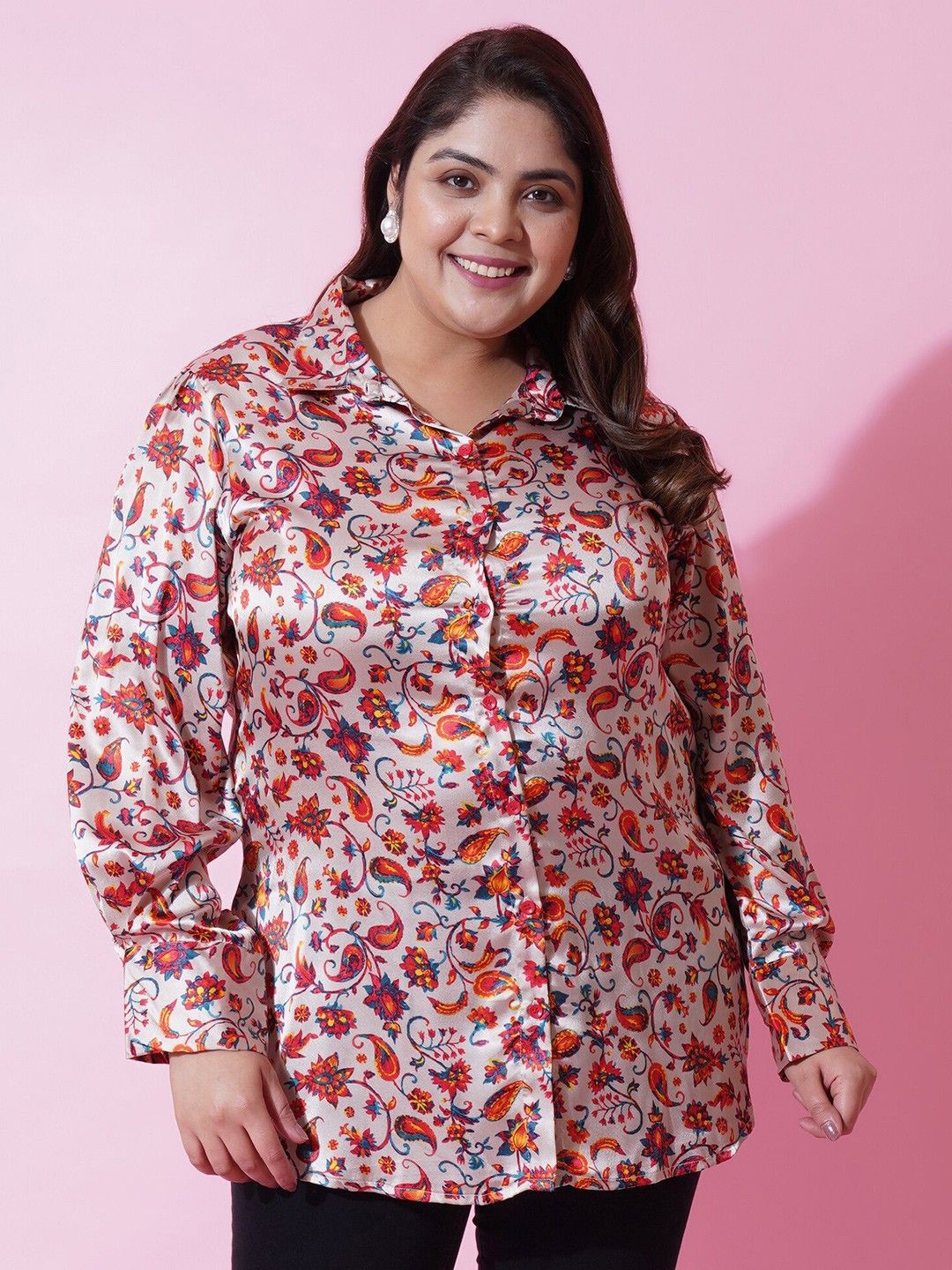 

U&F Beyond Plus Size Women Floral Printed Satin Shirts, White