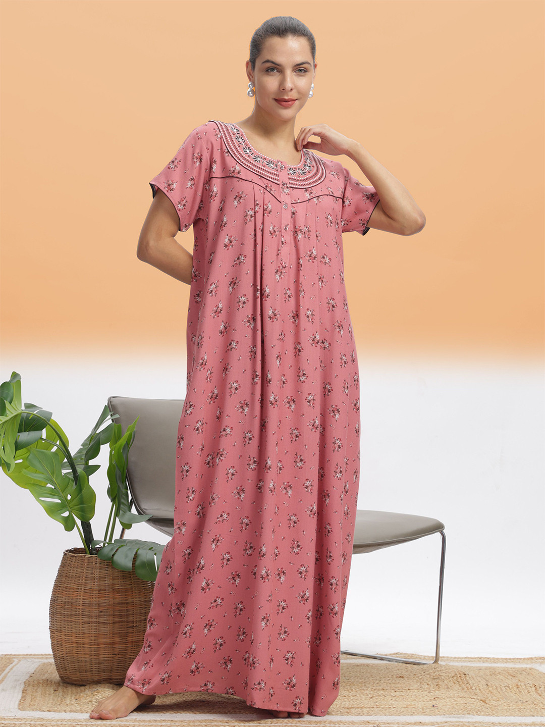 

9shines Label Printed Floral Printed Maxi Nightdress, Peach
