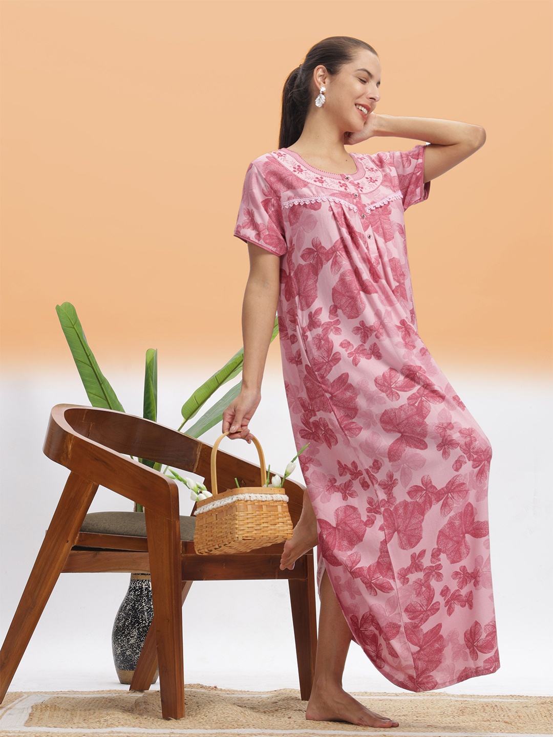 

9shines Label Women Printed Round Neck Short Sleeves Maxi Nightdress, Pink