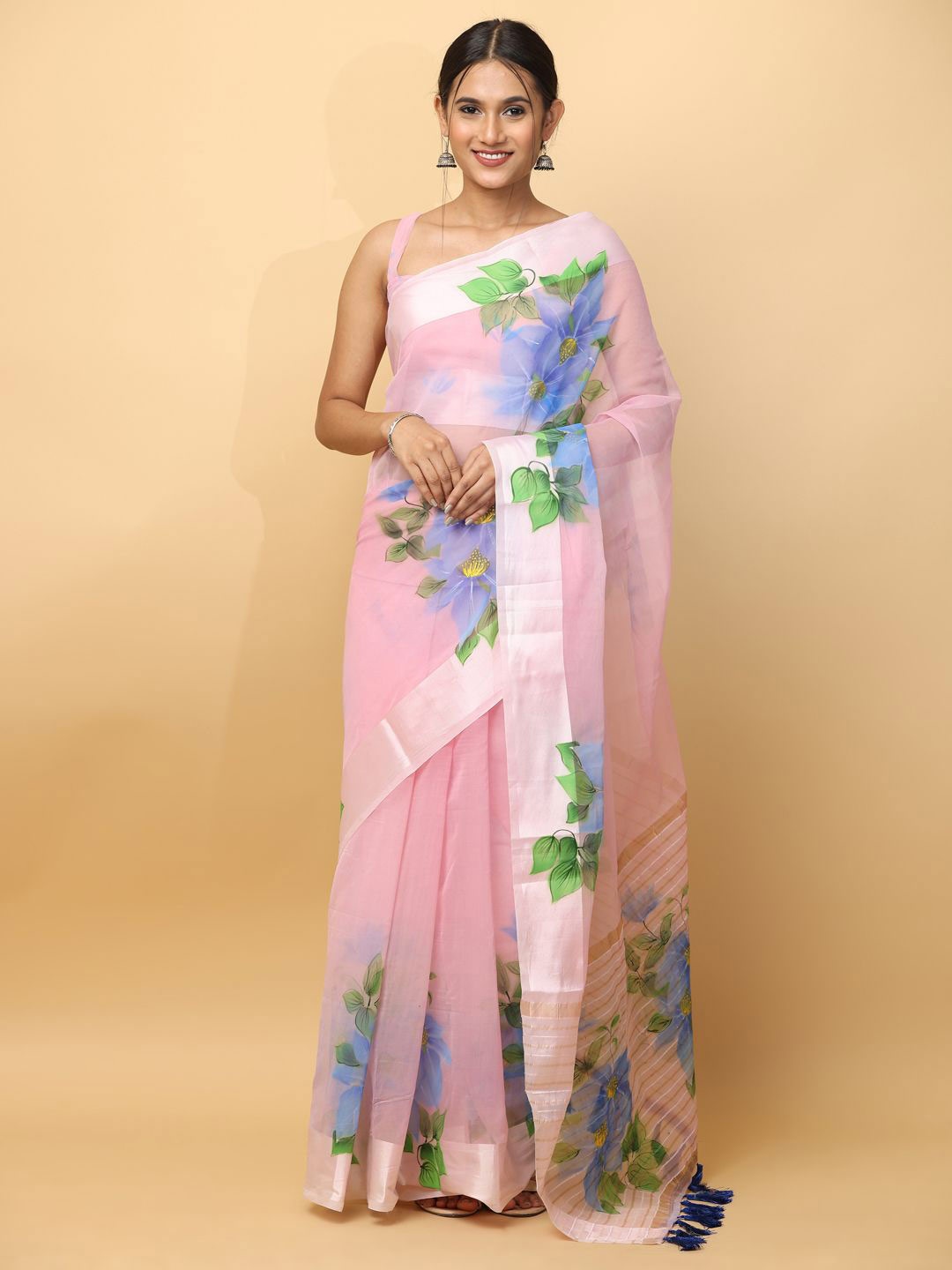 

VASTRANAND Floral Printed Zari Organza Saree, Pink