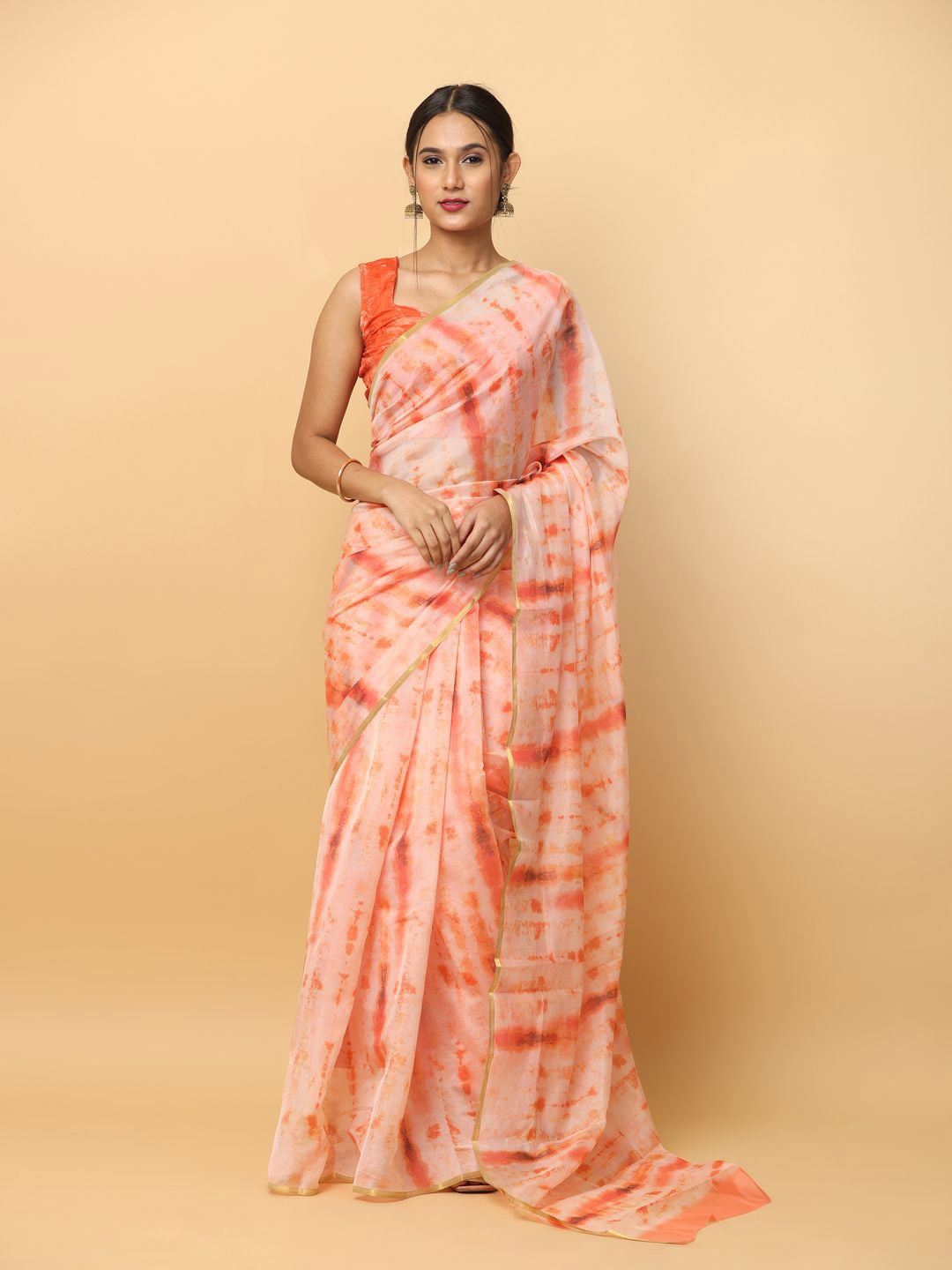 

VASTRANAND Tie & Dye Zari Woven Chanderi Saree, Orange