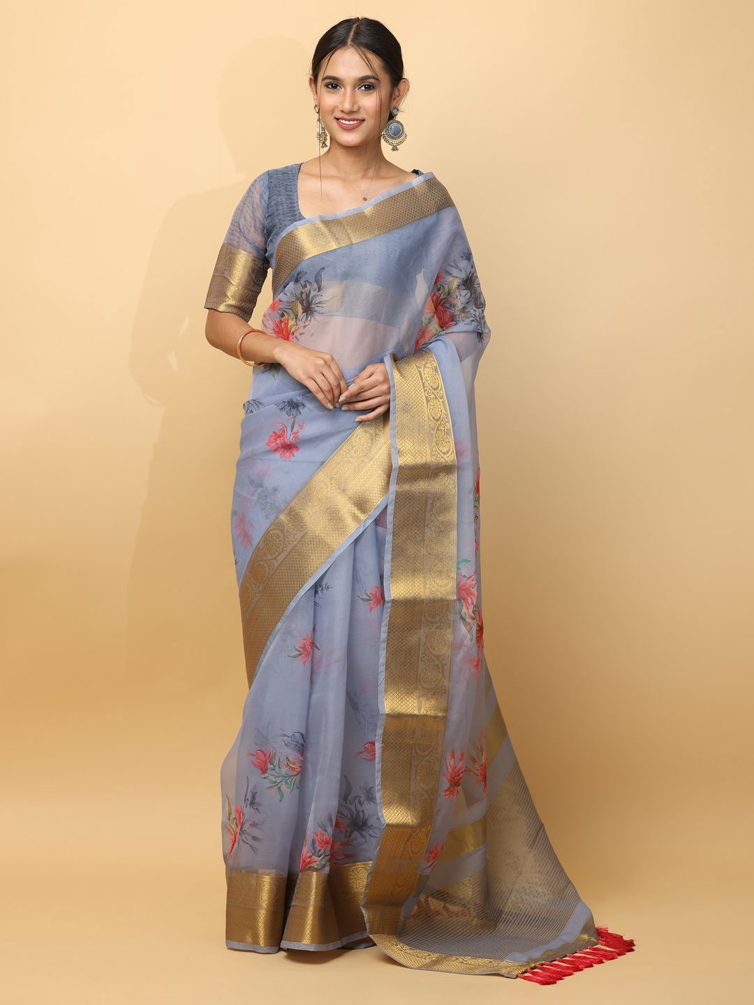 

VASTRANAND Floral Zari Border Organza Saree, Blue