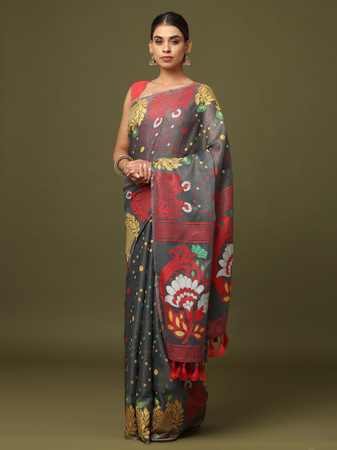 

VASTRANAND Woven Design Zari Jamdani Saree, Grey