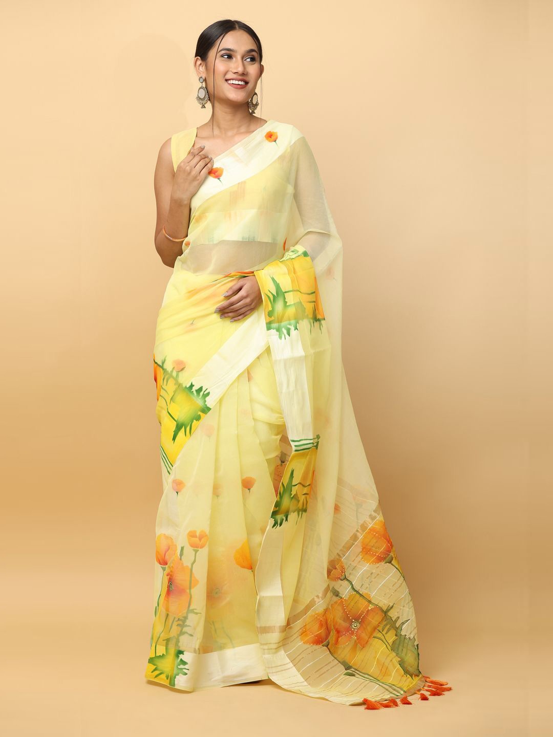 

VASTRANAND Zari Woven Floral Saree, Yellow