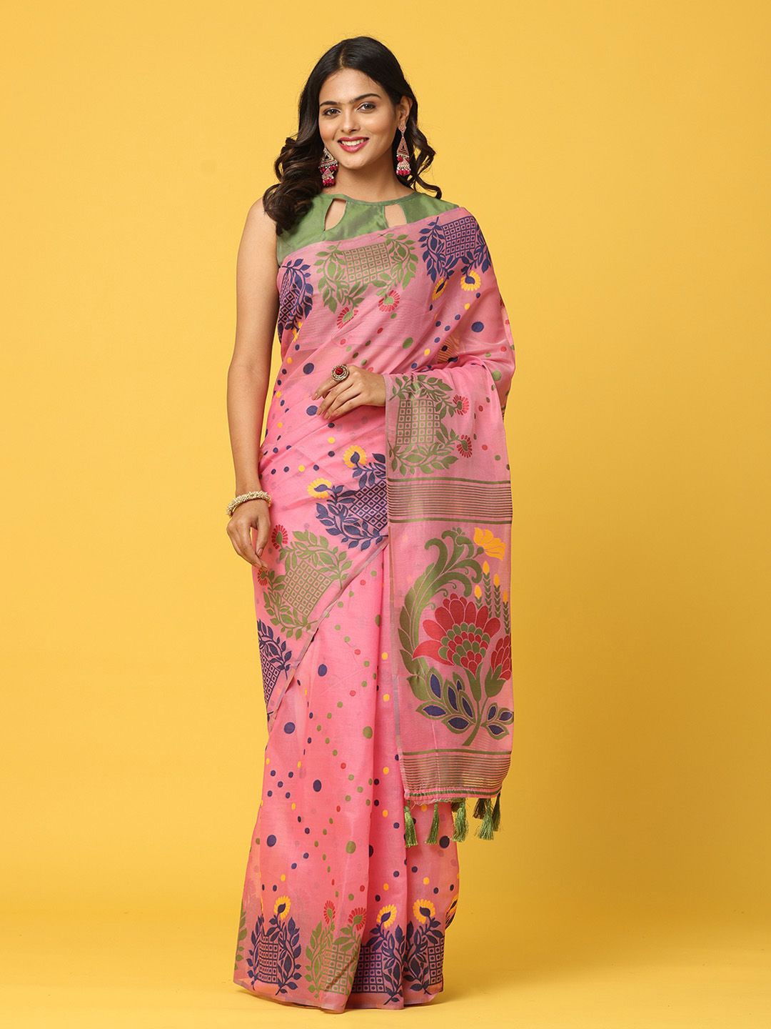 

VASTRANAND Ethnic Motifs Printed Jamdani Saree With Blouse Piece, Pink