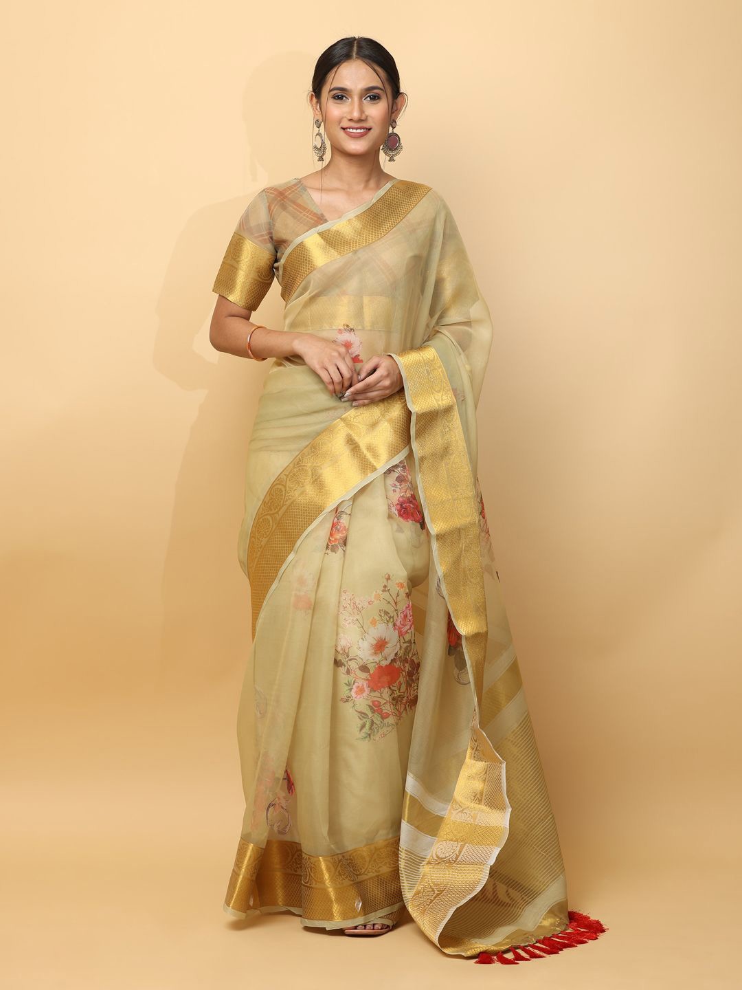 

VASTRANAND Floral Zari Organza Saree, Cream