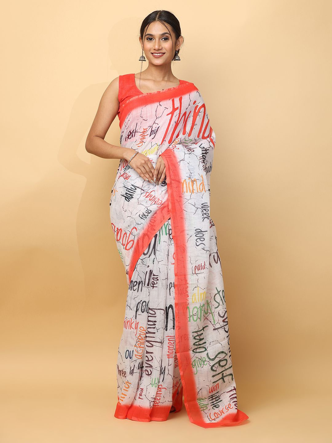 

VASTRANAND Typographic Saree with Blouse, Orange