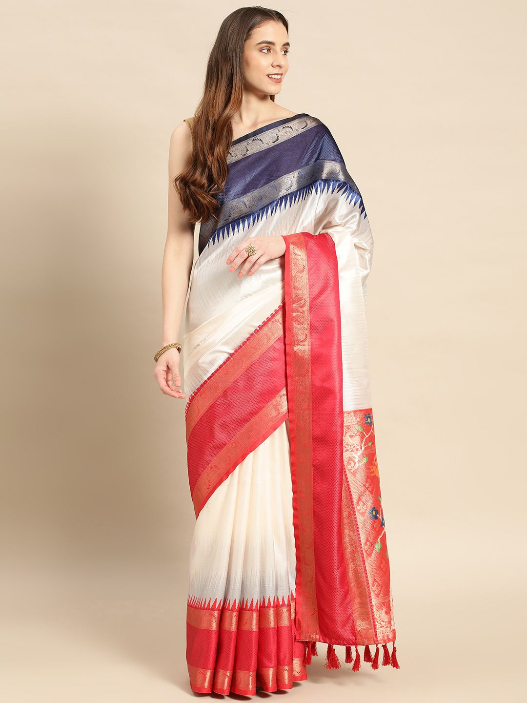 

VASTRANAND Ethnic Motifs Zari Banarasi Saree, White