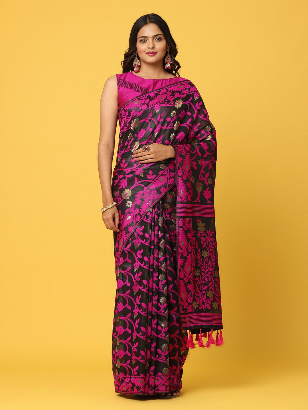 

VASTRANAND Ethnic Motif Zari Woven Jamdani Saree, Black