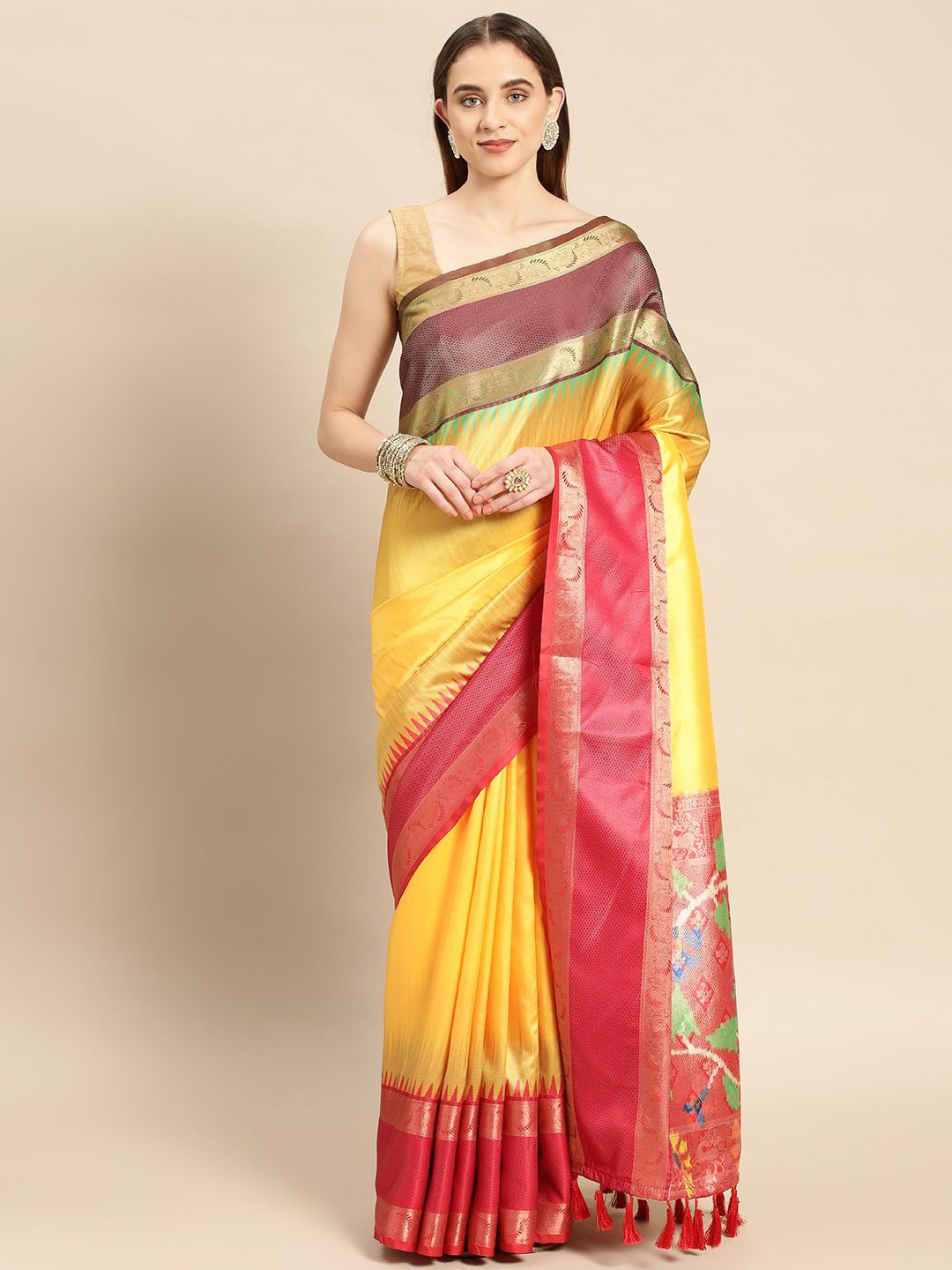 

VASTRANAND Ethnic Motifs Zari Banarasi Saree, Yellow