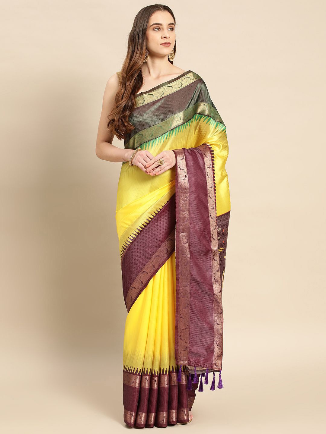 

VASTRANAND Ethnic Motifs Zari Woven Banarasi Saree, Yellow