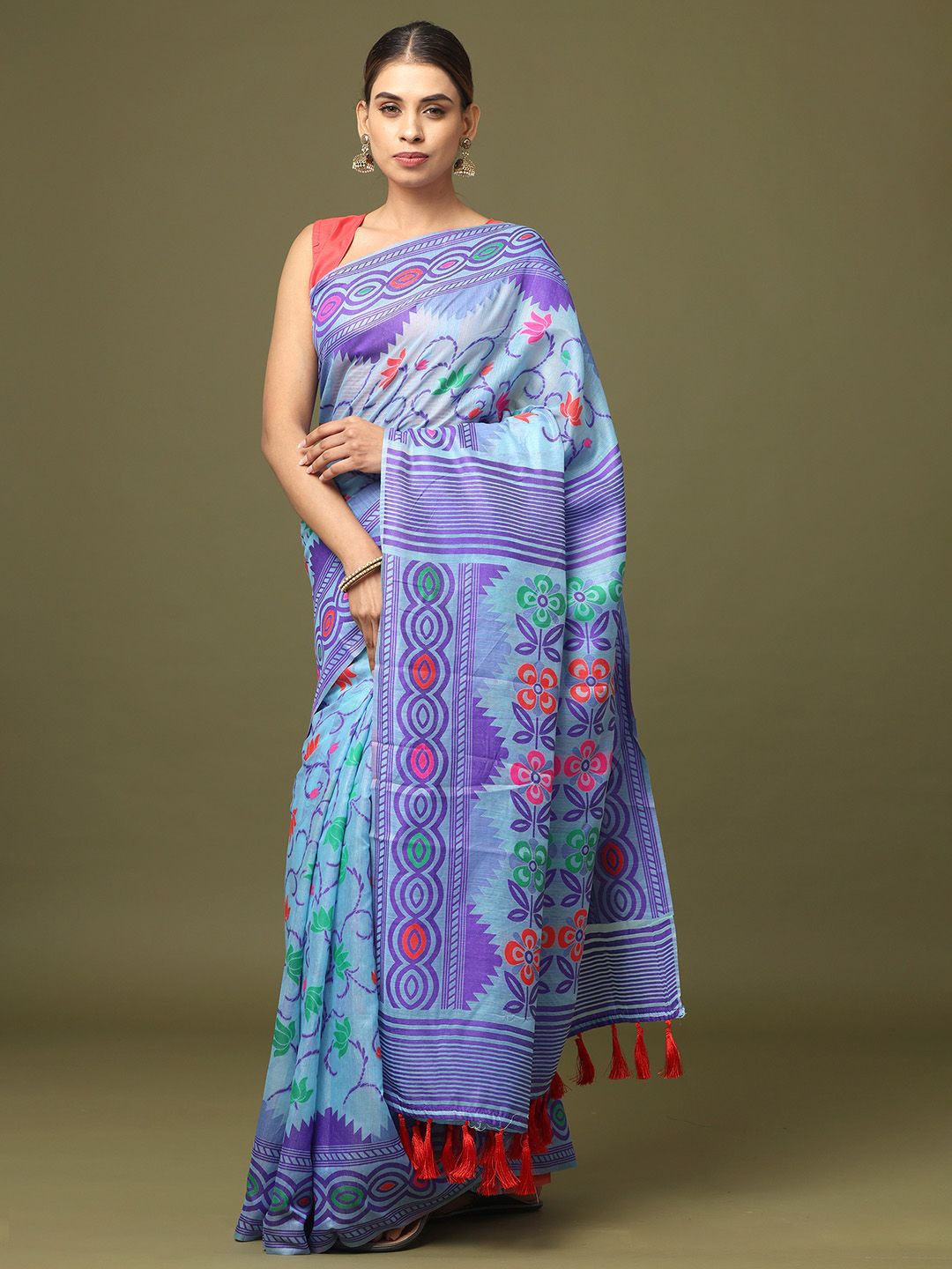 

VASTRANAND Ethnic Motifs Jamdani Saree With Blouse Piece, Blue