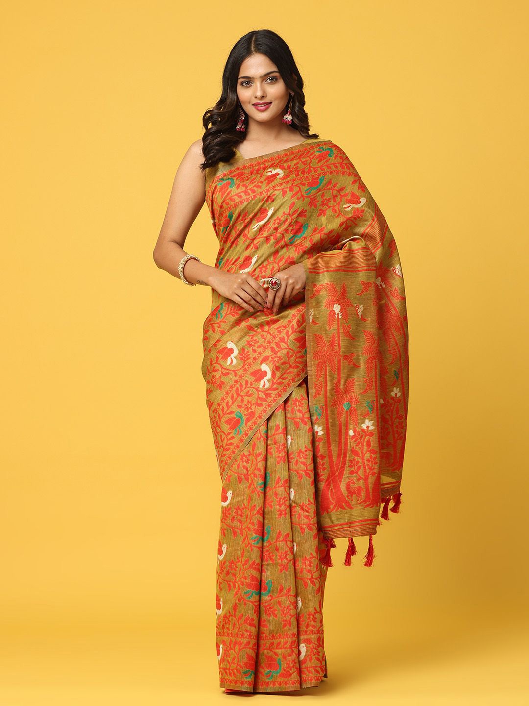 

VASTRANAND Ethnic Motifs Woven Design Tassel Jamdani Saree, Mustard