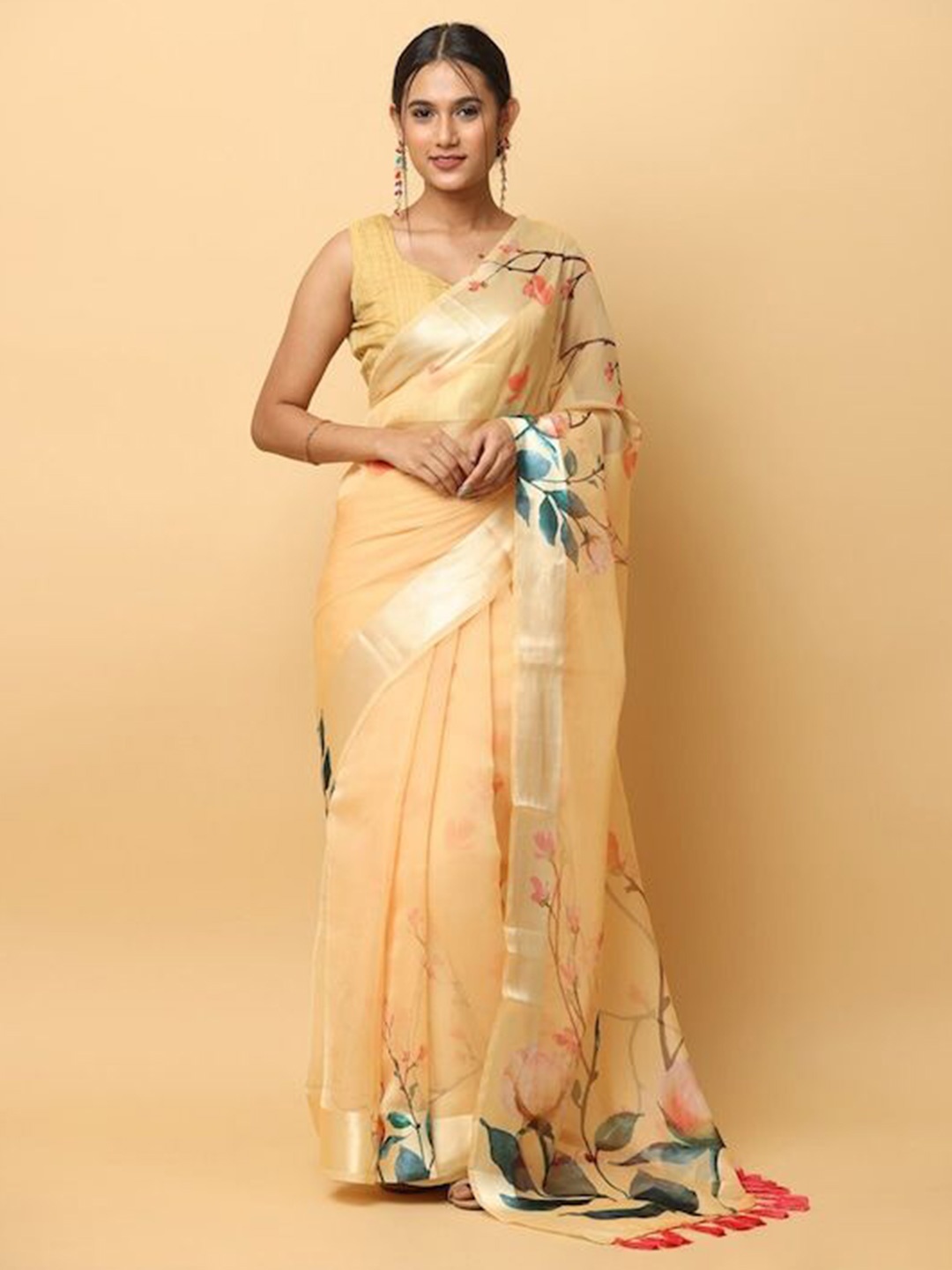 

VASTRANAND Floral Zari Organza Trendy Print Party Saree, Cream