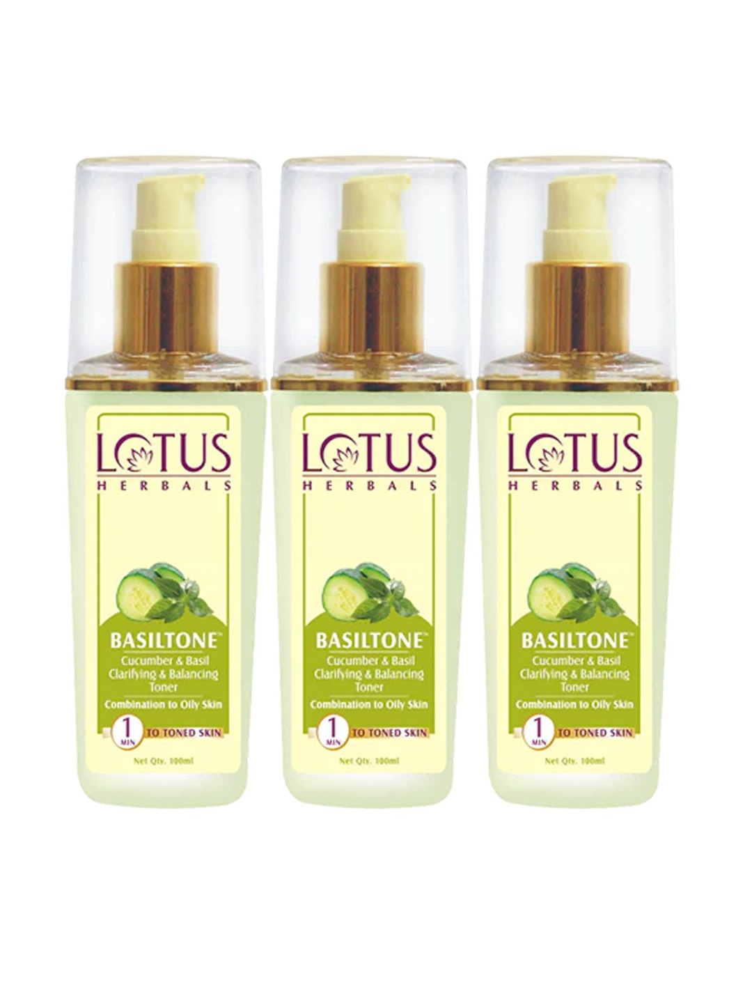 

Lotus Herbals Set of 3 Basiltone Balancing Skin Toner with Cucumber - 100 ml each, Green