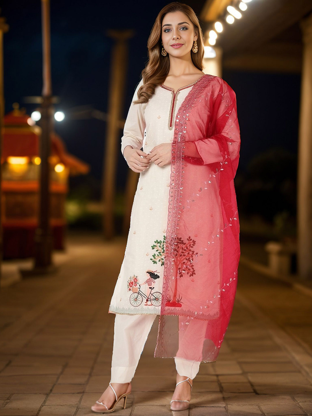 

KALINI Floral Embroidered Pure Cotton Straight Kurta With Trouser & Dupatta, White