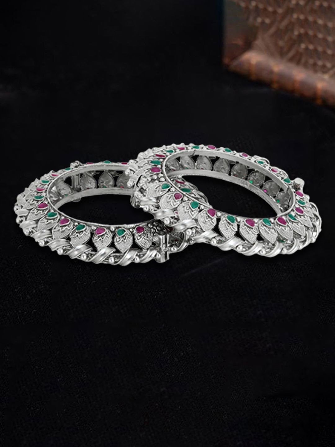 

Adwitiya Collection Set of 2 24K Silver-Plated Stone-Studded Bangles