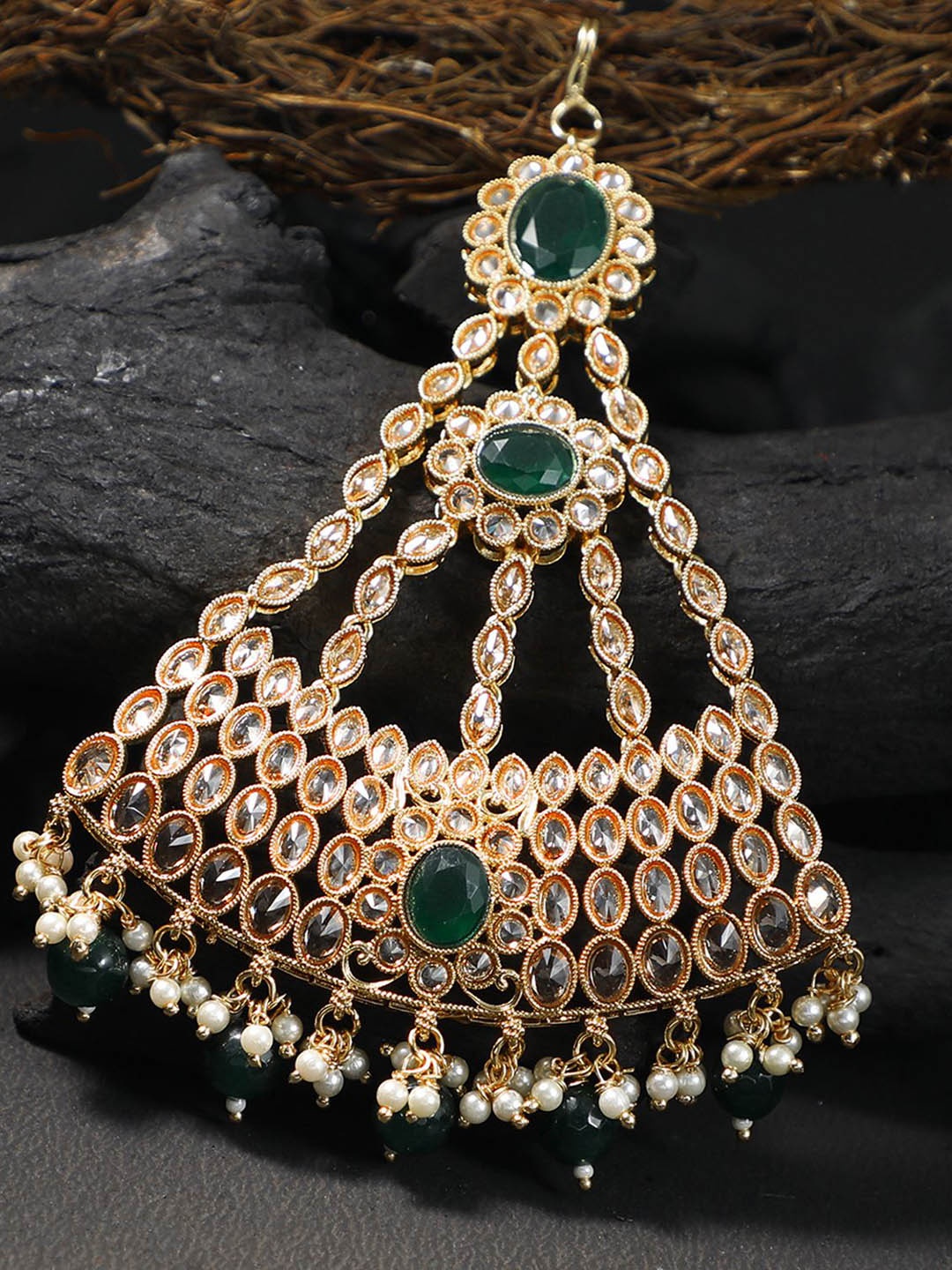

Adwitiya Collection Gold-Plated Stone Studded Jhumar Passa Head Jewellery