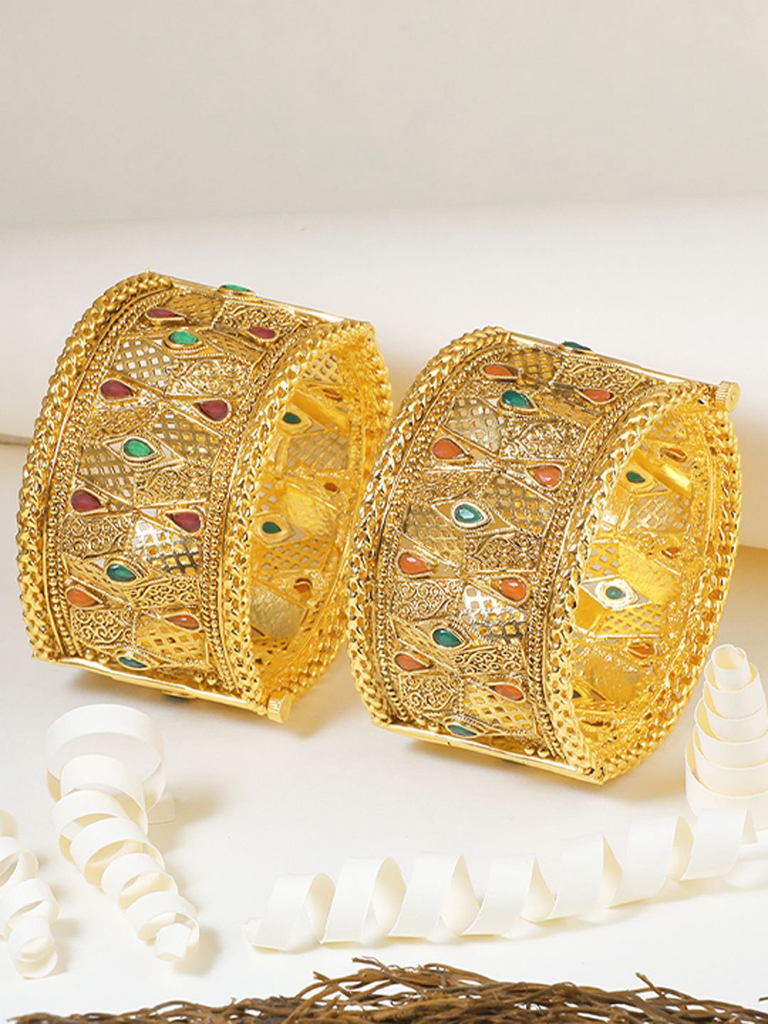 

Adwitiya Collection Set Of 2 Gold-Plated Stone-Studded Bangles