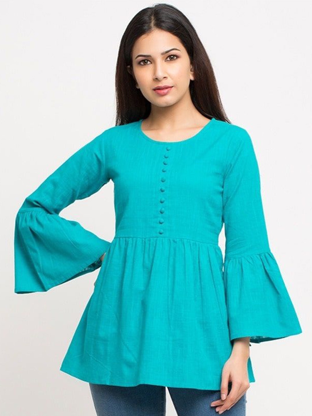 

KALINI Women Bell Sleeve Cotton Top, Turquoise blue