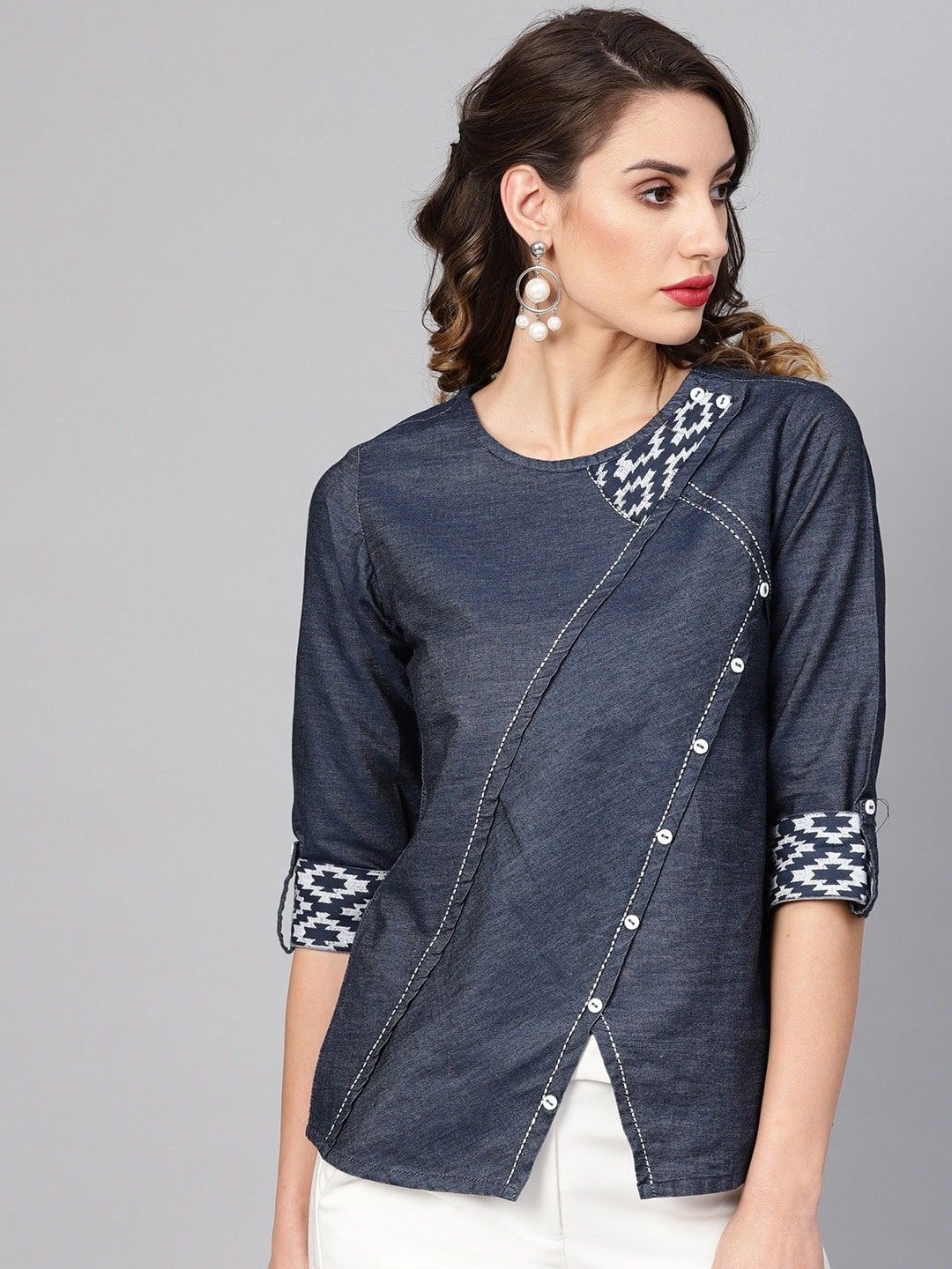 

KALINI Roll-Up Sleeves Denim Wrap Top, Blue