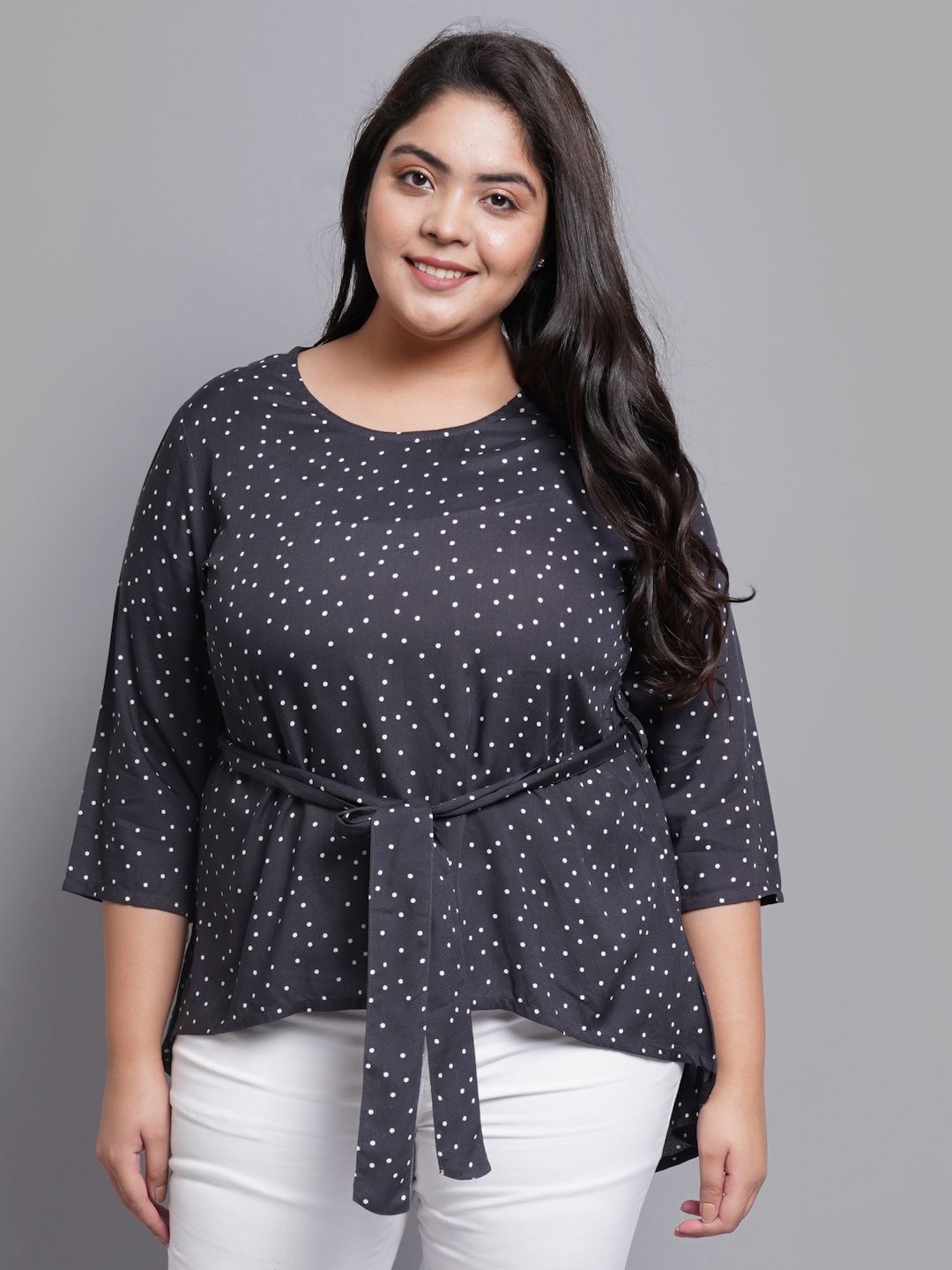 

KALINI Women Polka Dot Print Blouson Top, Grey