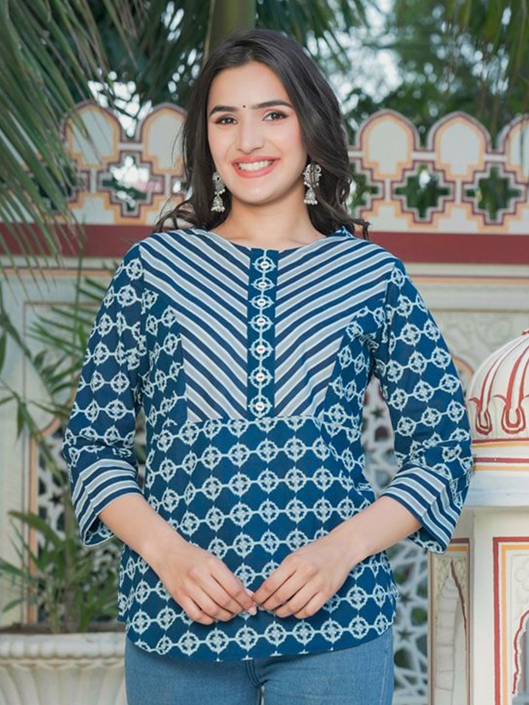 

KALINI Women's Cotton Floral Printed Geometric Striped Cotton Top, Blue