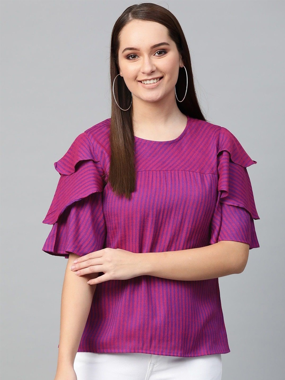 

KALINI Striped Round Neck Flared Sleeve Top, Purple