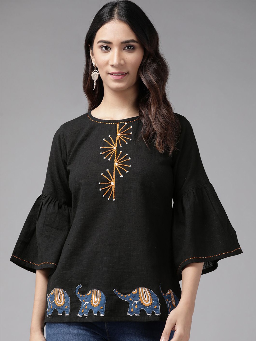 

KALINI Bell Sleeve Cotton Top, Black