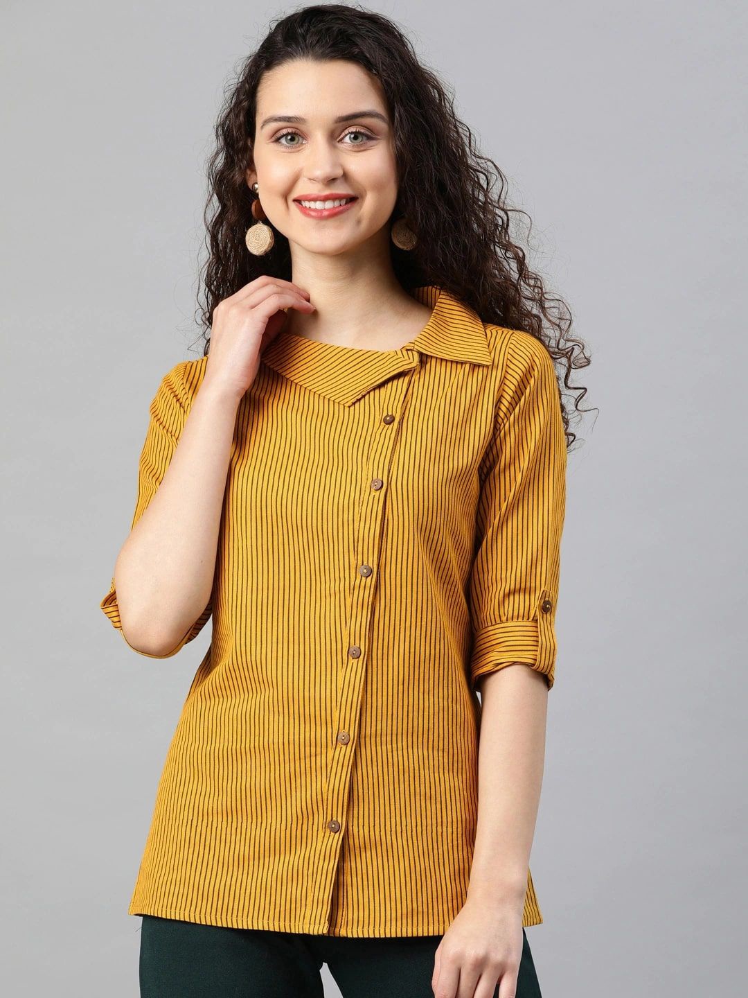 

KALINI Striped Roll-Up Sleeves Shirt Style Top, Mustard