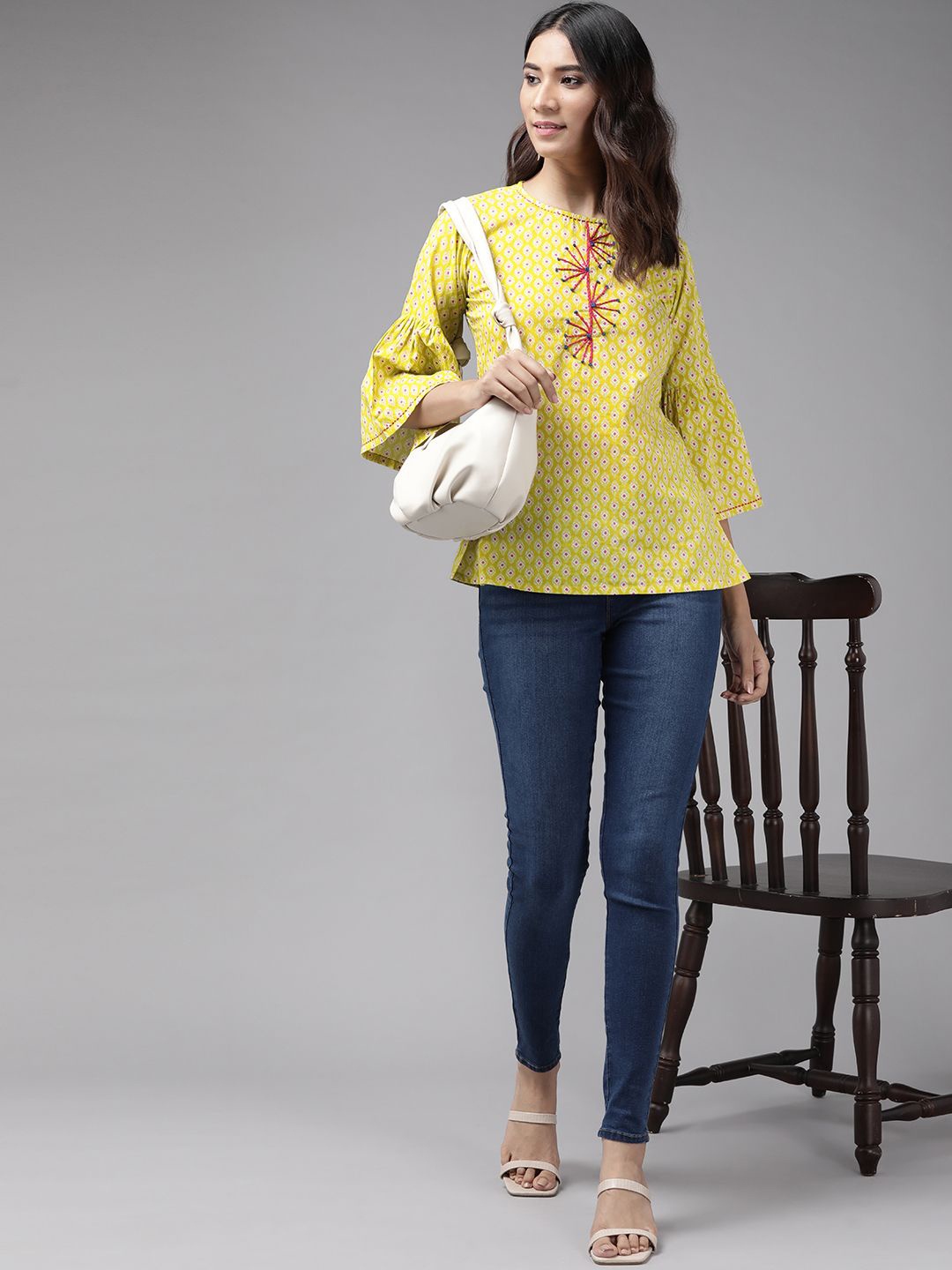 

KALINI Printed Bell Sleeve Cotton Top, Yellow